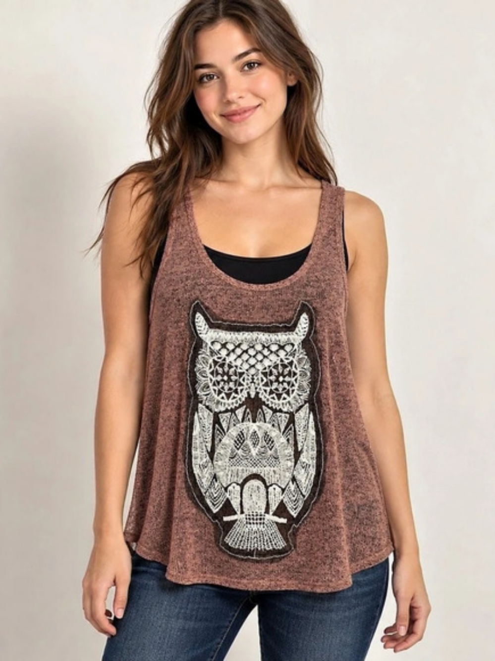Poetry Owl Graphic Back Tie Tank Top in Brown